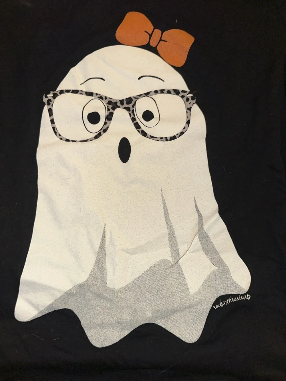 Bella Canvas Black Tee with White Ghost, Leopard Glasses & Orange Bow